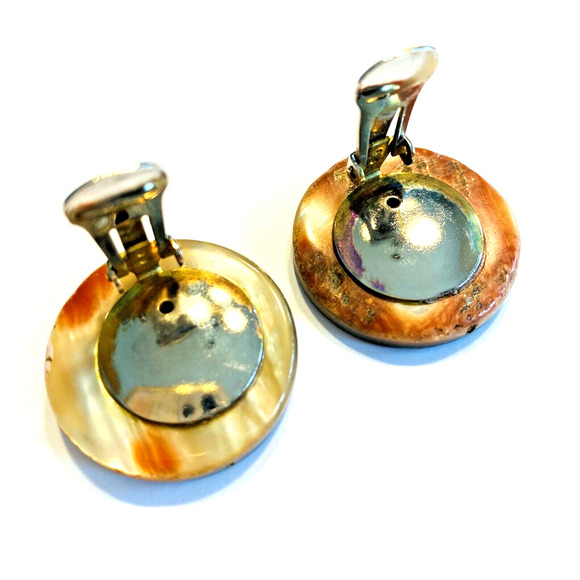 Vintage Clip On Earrings Artisan Made Abalone Shell Rounds Coastal Casual Chic - Picture 4 of 5
